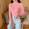 Winter Women Long Sleeve Knitted Sweater Soft Warm Fold Over Turtleneck Ribbed Pullover Jumper  Fem 24