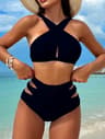 Cikini Solid Color Halter Neck Vacation Matching Bikini Set And Swim Trunks TwoPiece Bikini SetSumm 4
