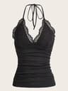 Goth Grunge Punk Black Lace Patchwork Halter Top Women Summer Solid Ruched Backless Sleeveless Tank 4