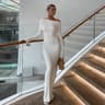 Elegant White Skew Collar Long Sleeve Maxi Dress For Women Autumn Winter Bodycon High Waist Formal  7