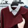 Mens Faux Two Piece Shirt Collar Knit Sweater Premium Stretch Slim Fit Business Casual Pullover 7