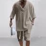 Mens Knit Two Piece Set Casual Short Sleeve V Neck Shirt  Shorts 2