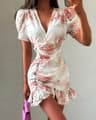 Floral Puff Sleeve A Line Mini Dress Chic Deep V Neck Party Gown 6