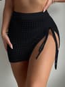 White Crochet Knit Mini Skirt  High Waisted Adjustable Side Slit Mesh Short Skirt