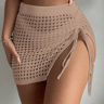 White Crochet Knit Mini Skirt  High Waisted Adjustable Side Slit Mesh Short Skirt