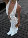 Aura White Lace Halter Maxi Dress  Elegant Backless Beach Vacation Gown 0