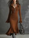 Solid Autumn Winter Zipper Lapel Flared Sleeve Knitted Fishtail Dress  Slim Fit 1