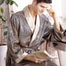 Bathrobe Silk Long Dressing Gown Men Bath Robe Satin Print Gold Geometric Lounge Nightgown Plus Siz 4