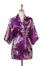 Silk Satin Lace Up Kimono Yukata Peacock Print Short Sleepwear Nightgown Robe Costume For Women 1