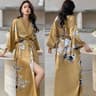 Sexy Rayon Black Print Flower Long Robe Summer Half Sleeve Bathrobe Gown Comfortable Nightgown For  2