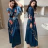 Sexy Rayon Black Print Flower Long Robe Summer Half Sleeve Bathrobe Gown Comfortable Nightgown For  4