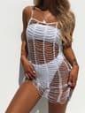 Diamond Rhinestones Hollow Out Tunic Luxury Beach Dress Coverups Beach Wear Female Summer Outfit 7