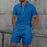 Mens Summer Waffle Knit Zip Up Shorts Set Casual Matching Outfit 1