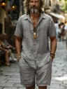 Coastal Breeze Mens Cotton Summer Shirt  Shorts Set Casual Beach Vacation Two Piece Outfit 7