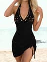 Plunge Drawstring One Piece Swimsuit Cover Up Dress 0