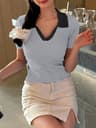 Colorblock Ribbed V Neck Polo Top For Women Casual Summer Shirt 3