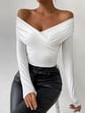 Womens Deep V Neck Off Shoulder Slim Fit Pleated Long Sleeve Top 0