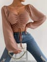 Ruched V Neck Long Sleeve Crop Top For Women Adjustable Drawstring Summer Tee 0