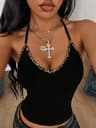 Leopard Trim Deep V Halter Crop Top Slim Fit Going Out Camisole 0