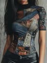 Abstract Print Stand Collar Blouse For Women Elegant Short Sleeve Casual Top 0