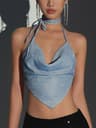 Halter Glitter Crop Top Women Backless Silk Cami Ruched Sexy Summer Party Tank 0