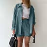 Womens Cotton Linen Summer Outfit Casual Shirt  High Waist Shorts Set 1