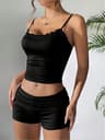 Plus Size Satin Cami Set Black Ruched Going Out Outfit With Adjustable Straps 0