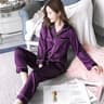 Satin Womens Sleepwear Pajama Set Long Sleeve Button Top Elastic Pants Loungewear 10