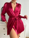 Long Sleeve V Neck Solid Satin Night Robe With Belt Womens Sleepwear For Comfort 1