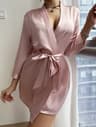 Long Sleeve V Neck Solid Satin Night Robe With Belt Womens Sleepwear For Comfort 2