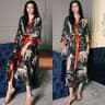 Sexy Black Print Flower Long Robe Nightgown Summer Kimono Bathrobe Gown Rayon Half Sleeve Women Lou 11