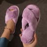 Womens Cross Strap Fur Slippers Indoor Light Warm Plush Home Slippers with Faux Fur Flat Heel