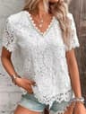Elegant Lace White V Neck Women Blouse Slim Fit Summer Office Casual Top 0