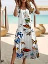 Plus Size Butterfly Print V Neck Summer Dress With Short Sleeves And Split Hem 8
