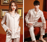 High Quality Couple Pajamas Women Ice Silk Loungewear Men Satin Sleepwear Set Classic Autumn Summer 8