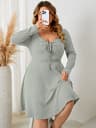 Sweetheart Neck Knot Front ALine Dress For Women Fall Vintage Ribbed Knit Long Sleeve Casual Winter 1