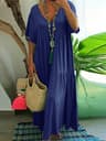 Womens Dress Plus Size Casual Loose VNeck Solid Long Pleated Spring Summer Dress 6