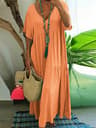 Womens Dress Plus Size Casual Loose VNeck Solid Long Pleated Spring Summer Dress 9