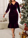 Elegant Velvet Plus Size Midi Dress With VNeck ThreeQuarter Sleeves And Ruffled Hem For Special Occ 7