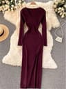 VNeck Slim TightFitting Wrap Dresses Autumn Winter French Slit Womens Sweater Dress 11