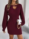 Solid Color Woolen Dress For Autumn Winter With Lantern Sleeve ONeck Knitted Dresses Women Fashion  4