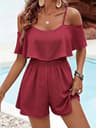 Chic Off Shoulder Halter Jumpsuit  Ruffled Casual Short Jumpsuit With Irregular Hem 2