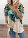Summer Cold Shoulder Leopard Print Zipper V Neck Loose Casual Blouse 16