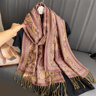 woman layering soft winter shawl