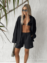 Womens Cotton Lounge Shorts Set TwoPiece Long Sleeve Summer Outfit 2