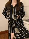 Light Luxury Ice Silk Pajama Set Womens Long Sleeve Striped Nightwear 3