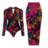 Womens Long Sleeve One Piece Swimsuit With Wrap Skirt Vintage Print Surfing Bathing Suit 9