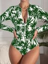 Tropical Palm Print Womens Long Sleeve Swimsuit High Stretch Beach Rash Guard Set 6