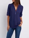Womens Loose Deep V Neck Chiffon Zipper Pullover Plus Size Top 6