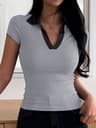 Womens Summer Color Block V Neck Polo Shirt 8